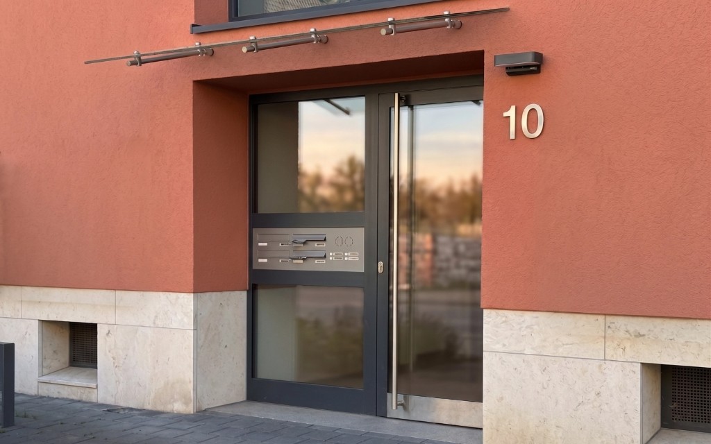 Mehrfamilienhaustür mit Briefkasten – Außen- und Innenansicht, A40-Fenster Bochum