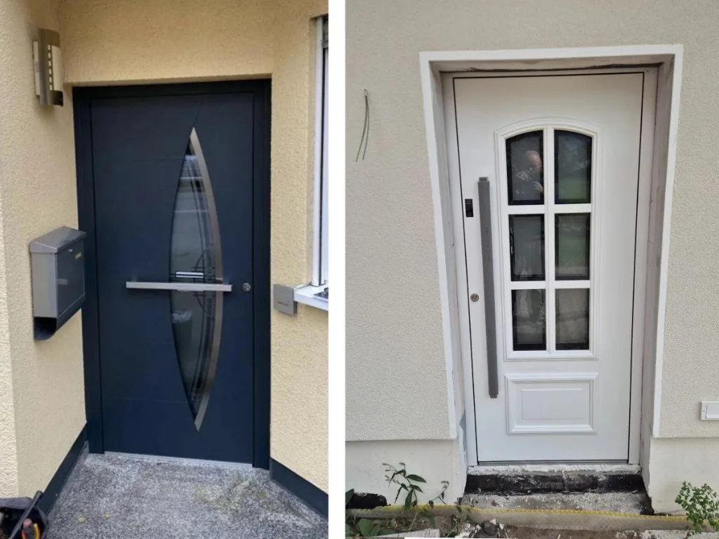 Zwei Haustüren im Vergleich – Anthrazit modern links, klassisch weiß mit Fingerprint rechts, Montage A40-Fenster NRW