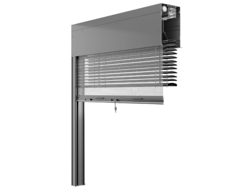 Vorbau-Raffstore mit Aluminiumlamellen und Insektenschutz – Schnittdarstellung